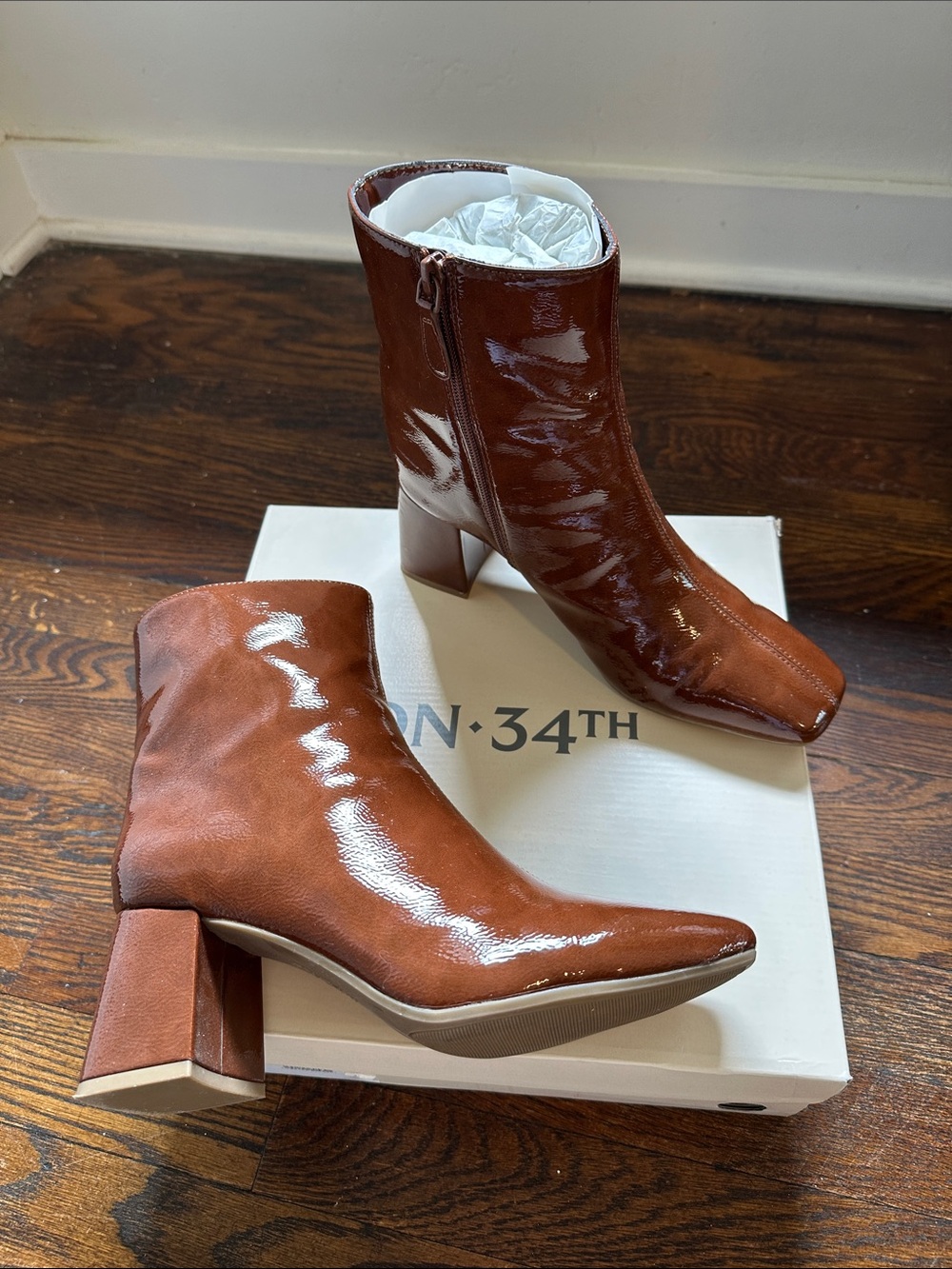 ON 34th Cognac Patent Block Heel Ankle Boots